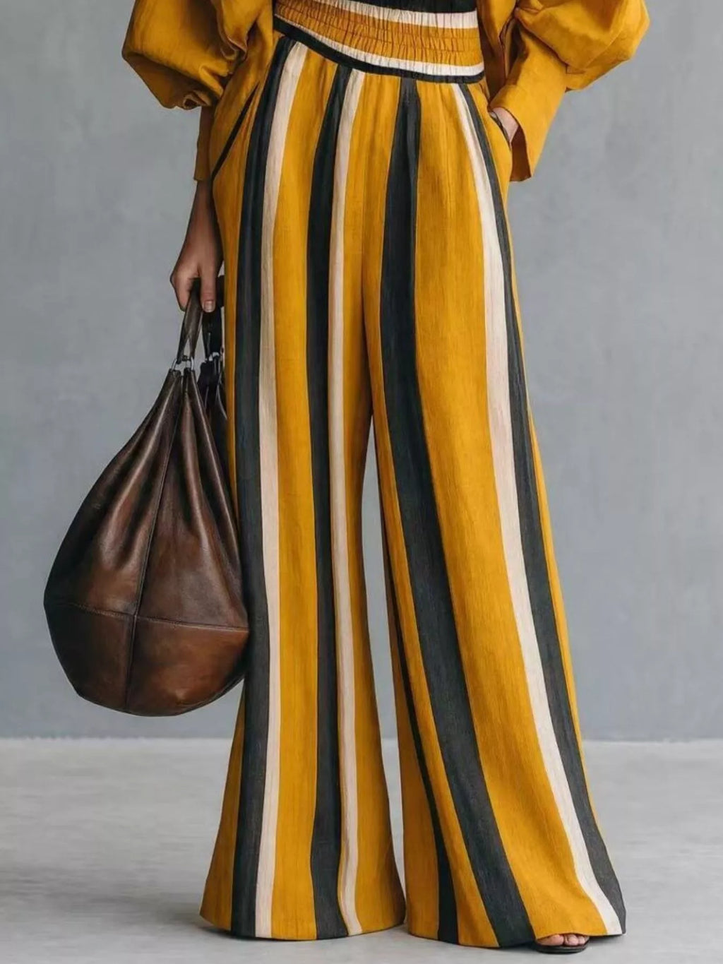 Full Size Mock Neck Top and Striped Wide-Leg Pants Set Plus Size