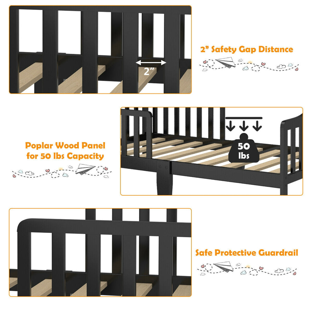 Classic Design Kids Wood Toddler Bed Frame with Two Side Safety Guardrails