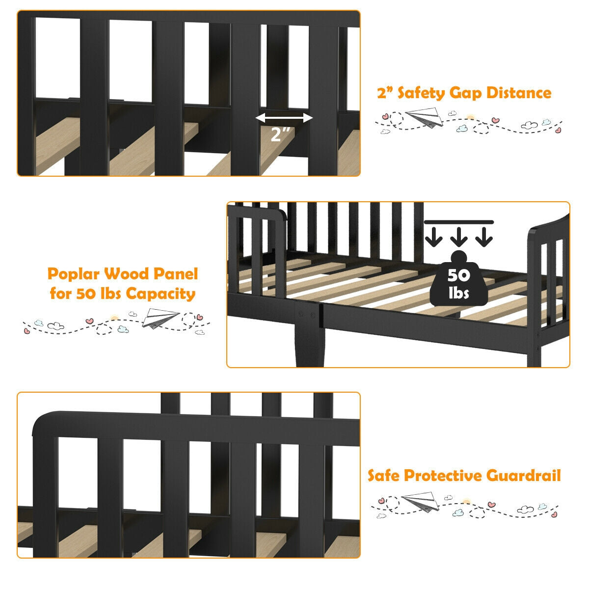 Classic Design Kids Wood Toddler Bed Frame with Two Side Safety Guardrails