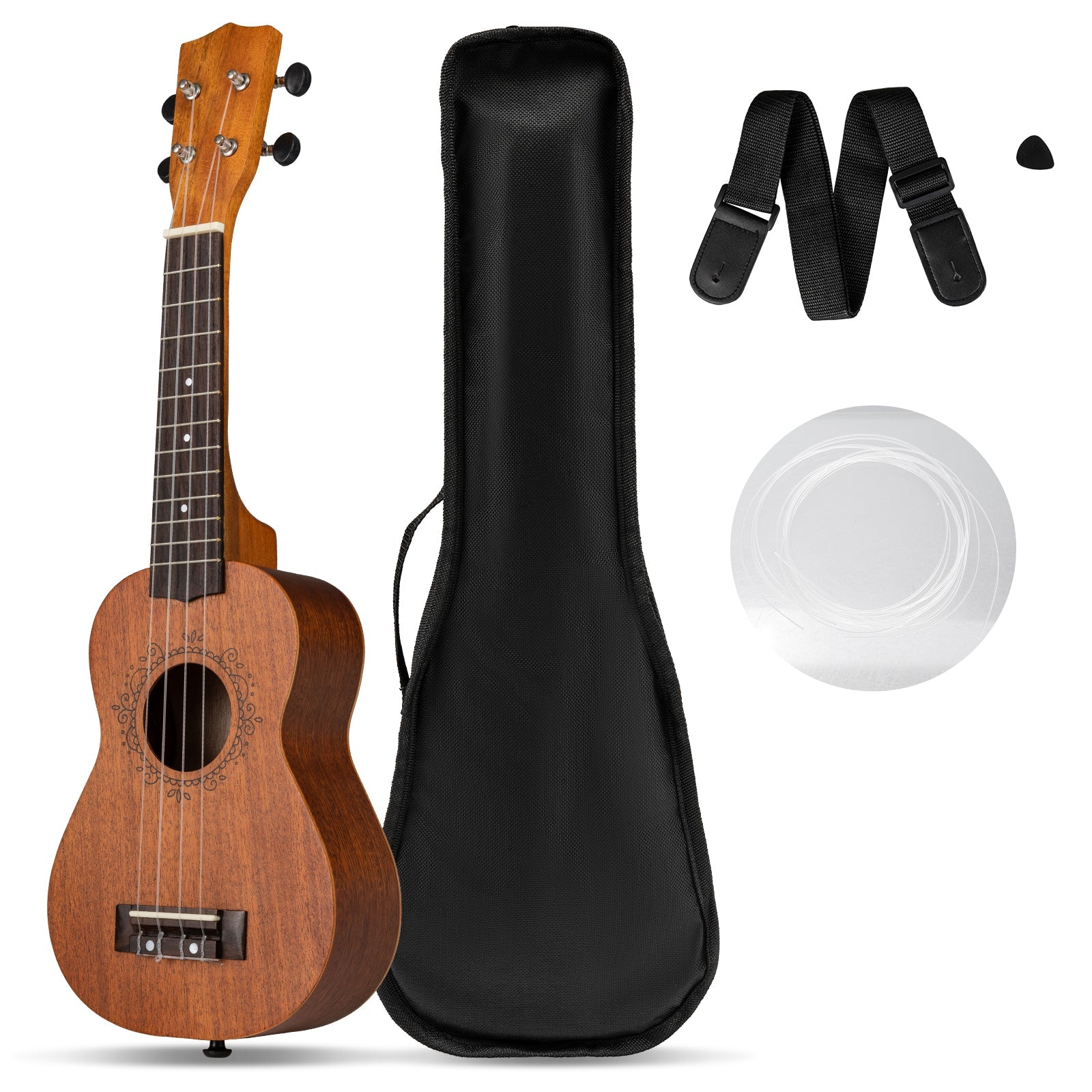21 Inch Soprano Mahogany Wooden Ukelele Set with Adjustable Strap