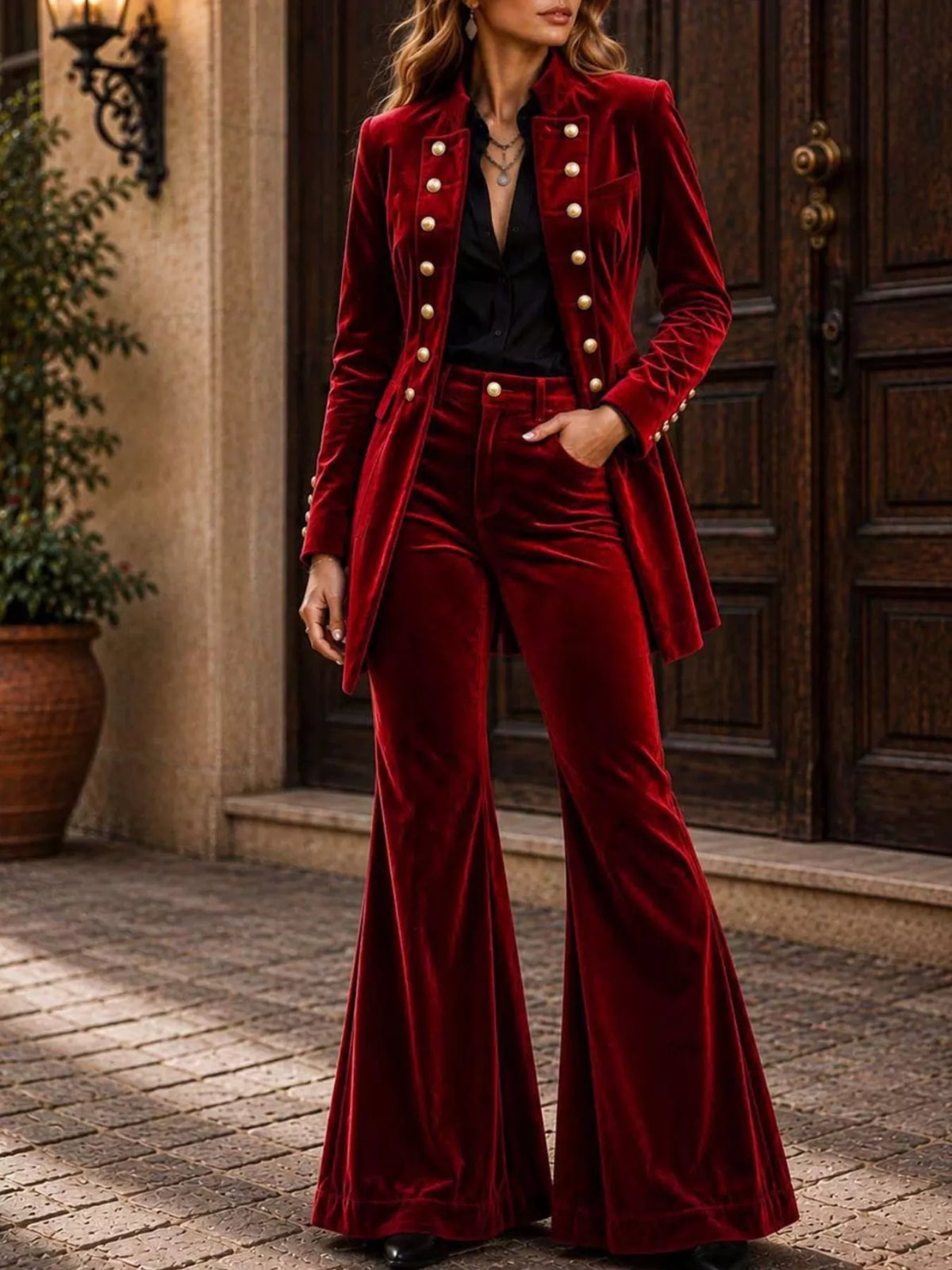 Velvet Double-Breasted Blazer and Flare Pants Set