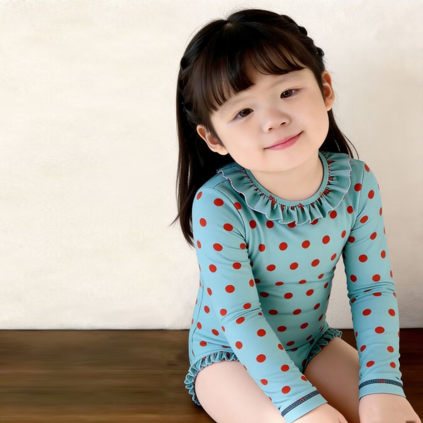 New style Korean style Retro Polka dot Long sleeve One piece Swimsuit For Babies