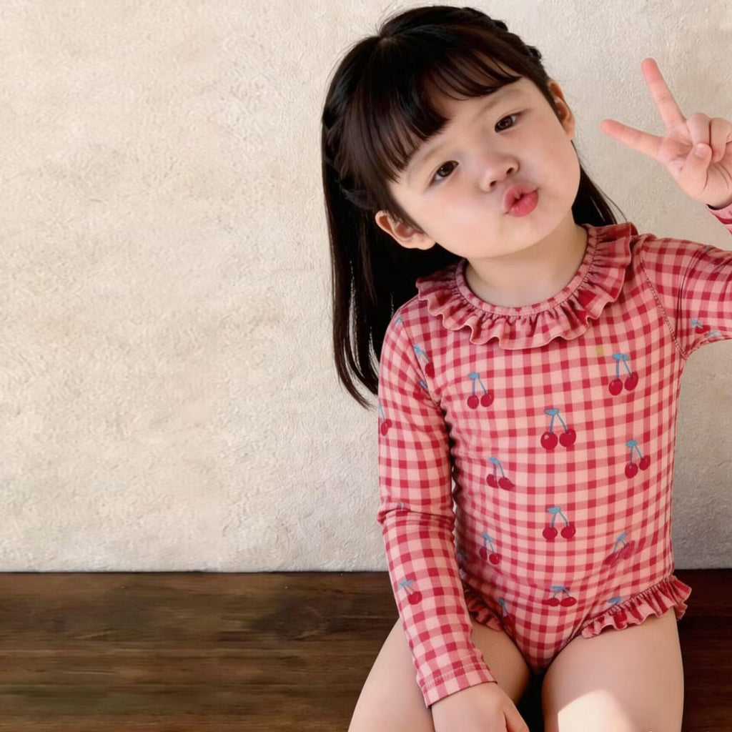 New style Korean style Retro Polka dot Long sleeve One piece Swimsuit For Babies