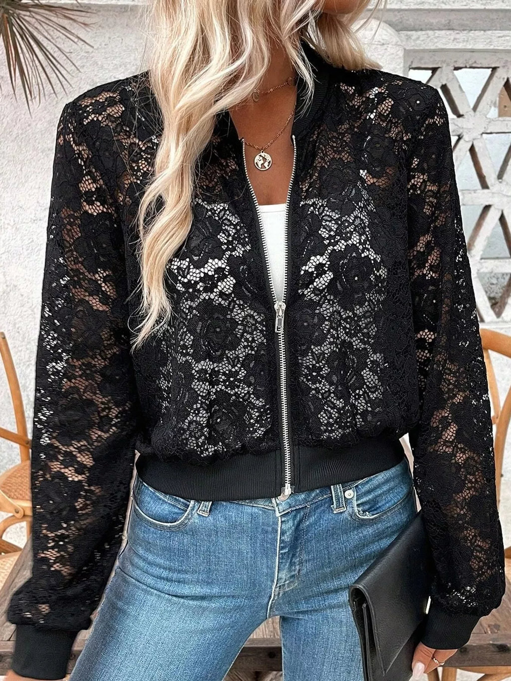 Sheer Lace Zip Up Jacket