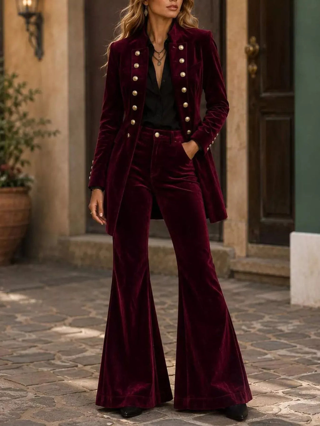 Velvet Double-Breasted Blazer and Flare Pants Set