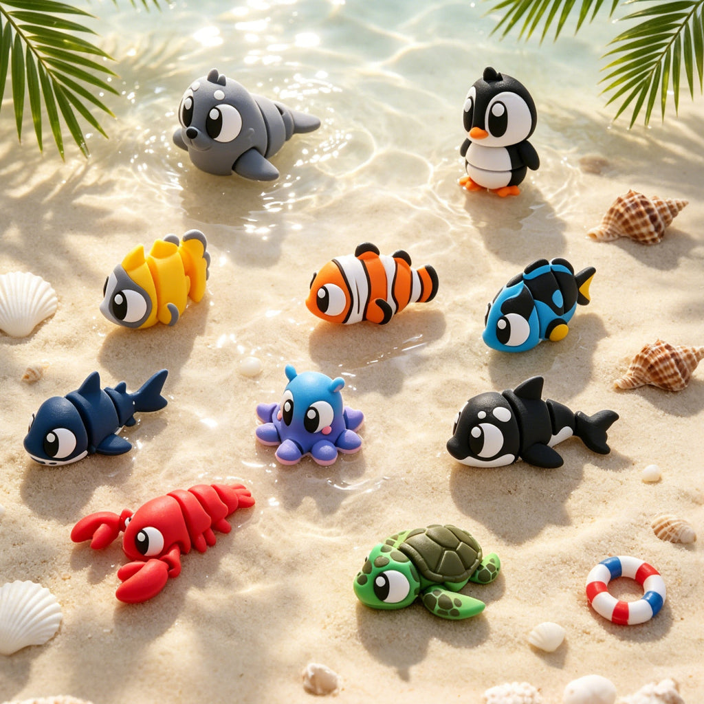 10PCS 3D Printed Mini Ocean Animal Figures Set