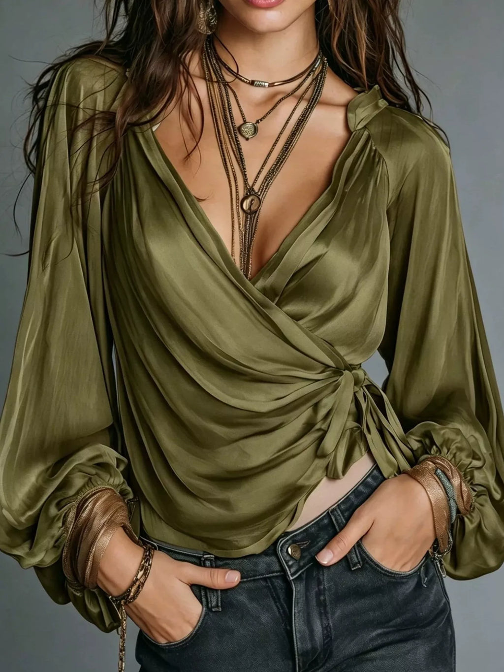 Satin Balloon Sleeve Blouse