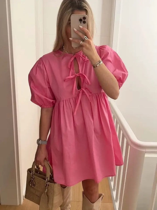 Miss Sparkling Tie Front Puff Sleeve Babydoll Dress
