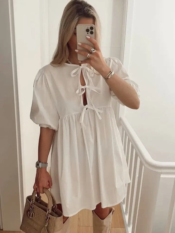 Miss Sparkling Tie Front Puff Sleeve Babydoll Dress