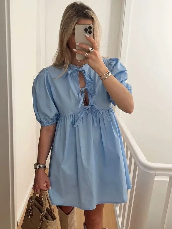 Miss Sparkling Tie Front Puff Sleeve Babydoll Dress
