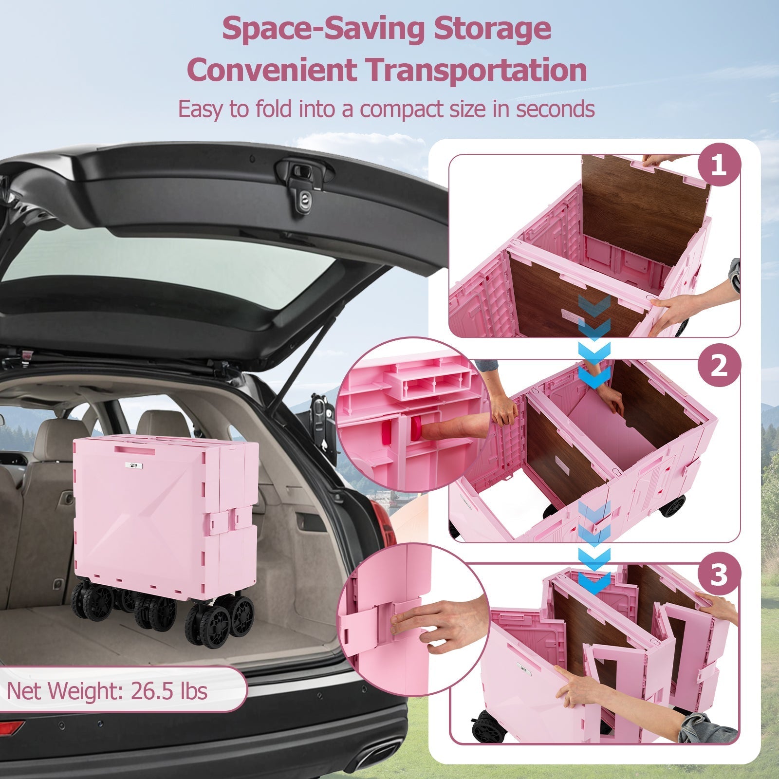 Large Foldable Utility Cart with 2-Tier Storage Crates and Telescoping Handle