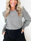 Plaid Shirred Cuff Long Sleeve Round Neck Blouse