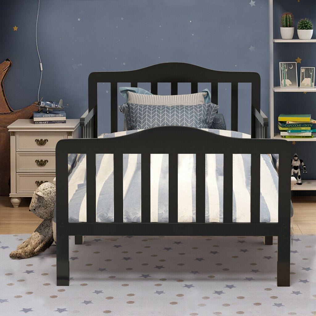 Classic Design Kids Wood Toddler Bed Frame with Two Side Safety Guardrails