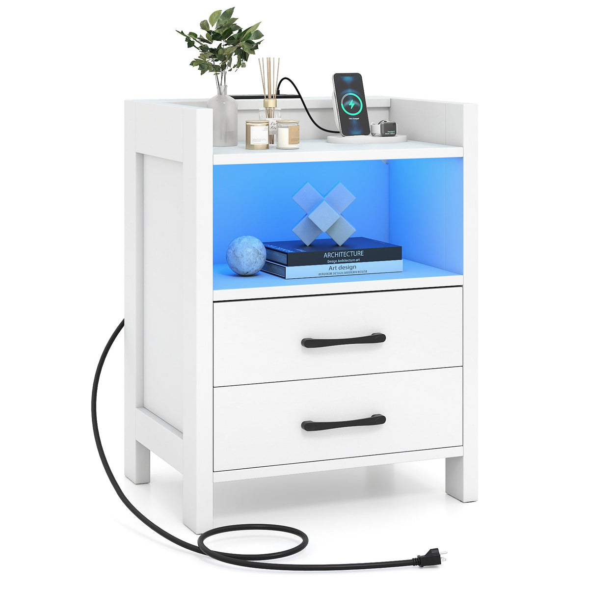 23.5 Inches Nightstand with Charging Station and Open Storage Shelf-White