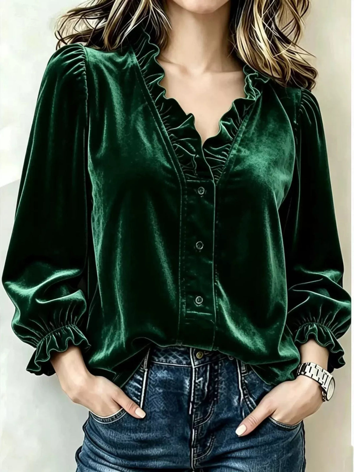 V-Neck Ruffled Velvet Button Down Blouse