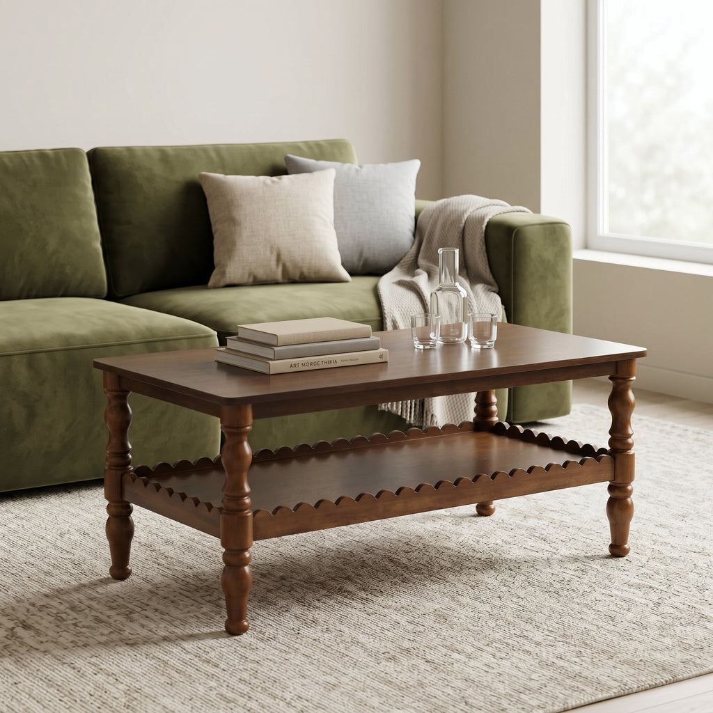 Rectangle Solid Wood Coffee Table with Storage Shelf - Natural Finish