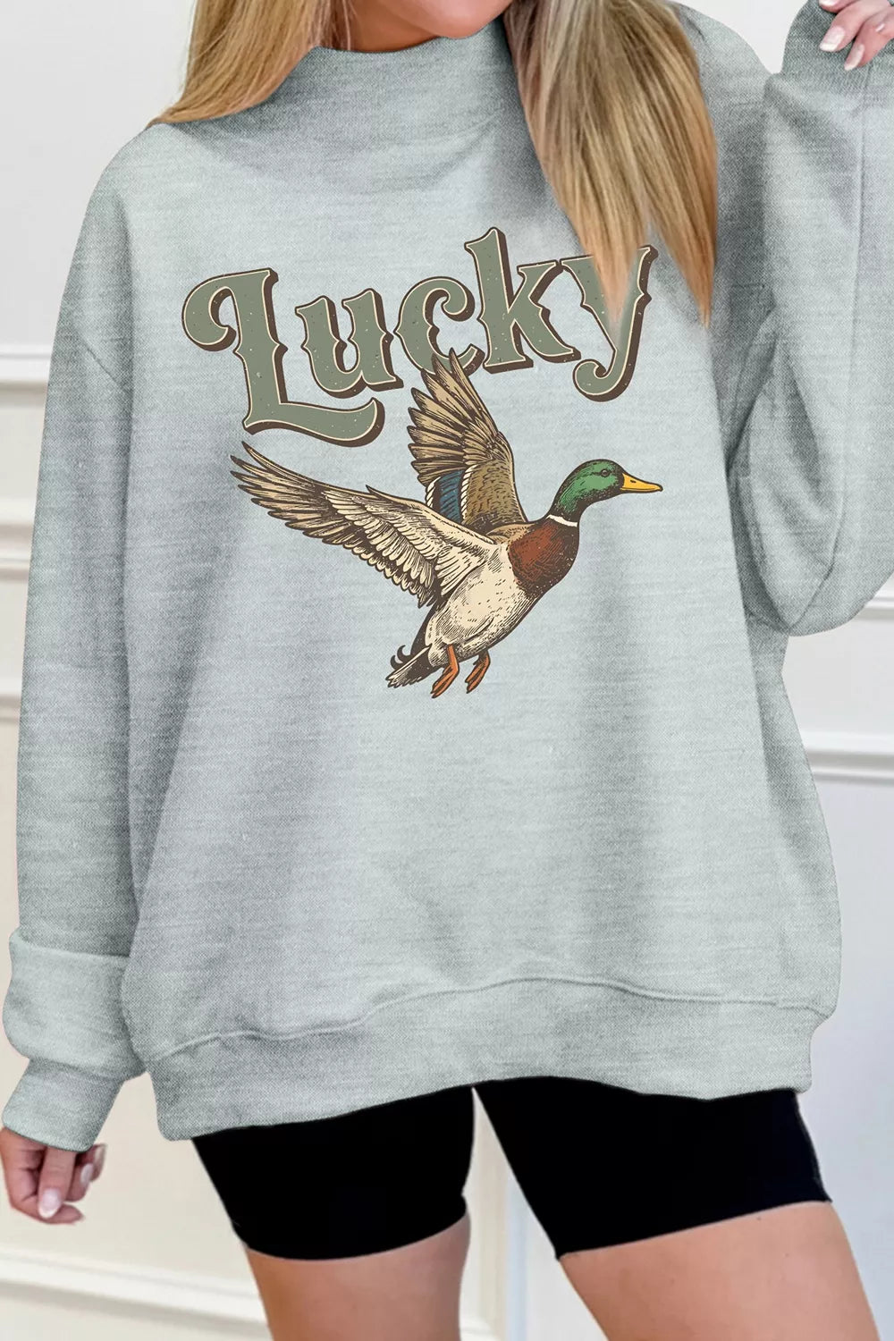 Lucky Mallard Graphic Mock Neck Casual Sweatshirt