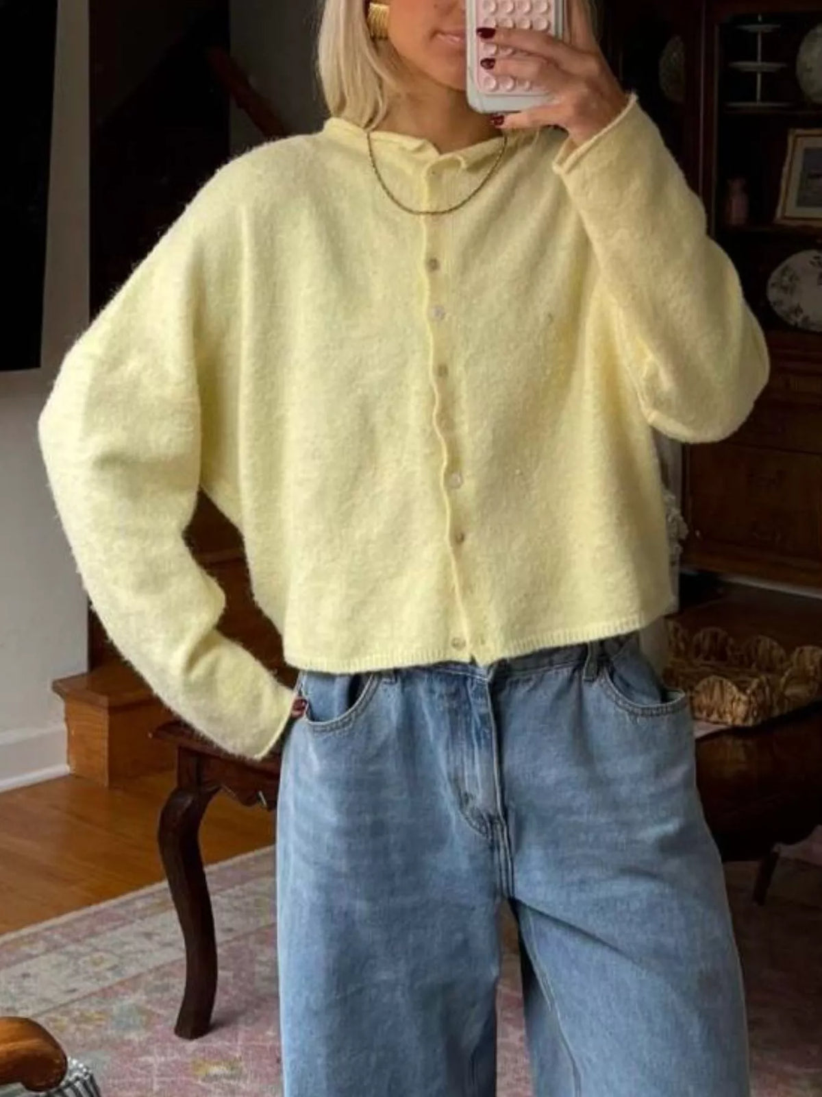 Button-Down Dropped Shoulder Cardigan