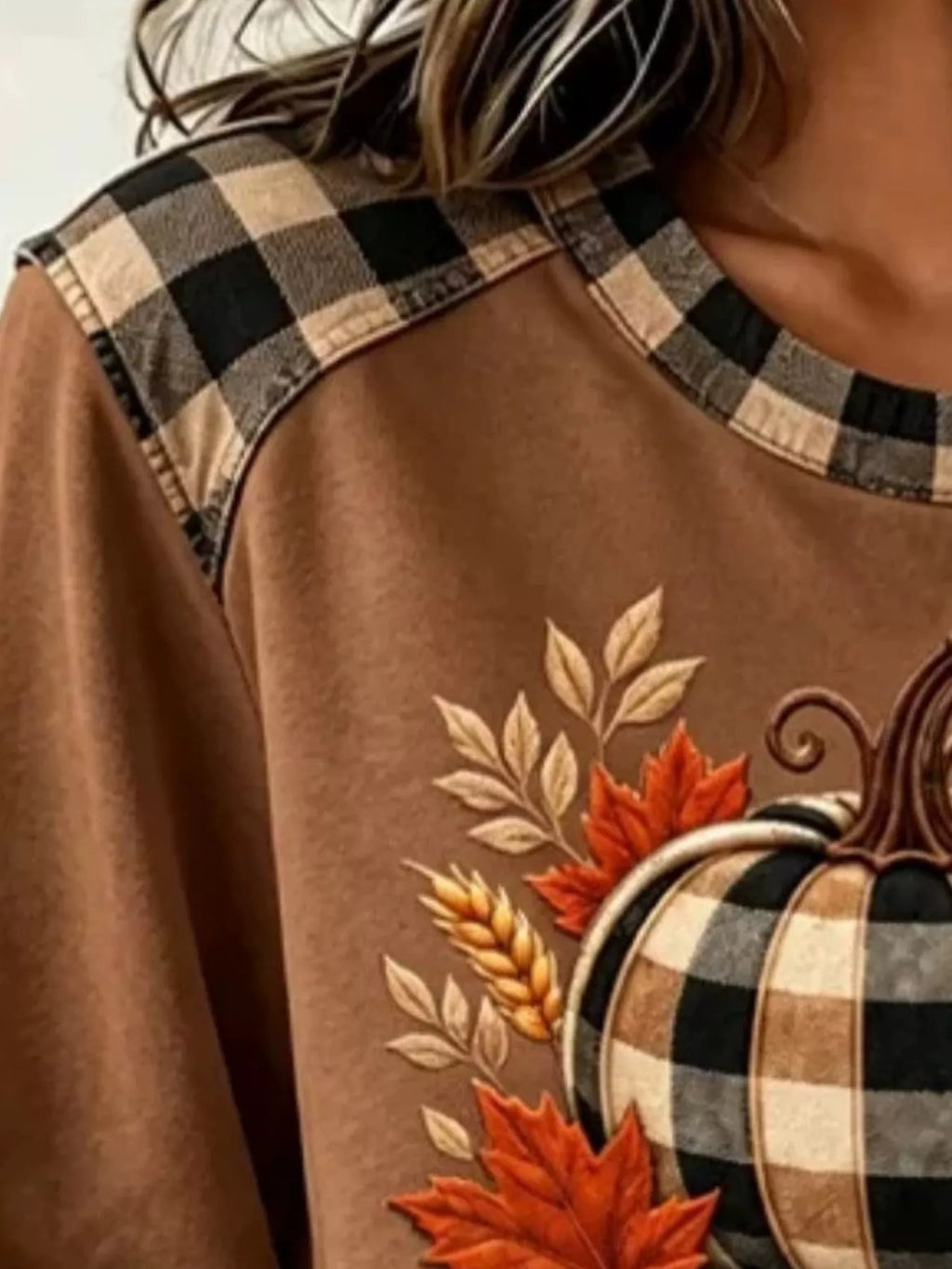 Full Size Pumpkin Plaid Patchwork Long Sleeve Sweatshirt Plus Size