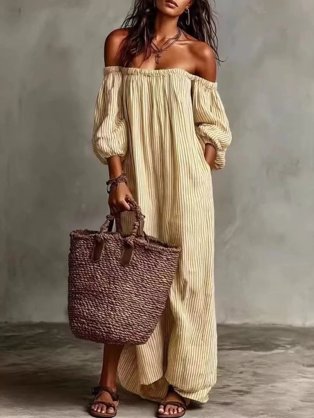 Full Size Off-Shoulder Striped Maxi Dress with Puff Sleeves Plus Size