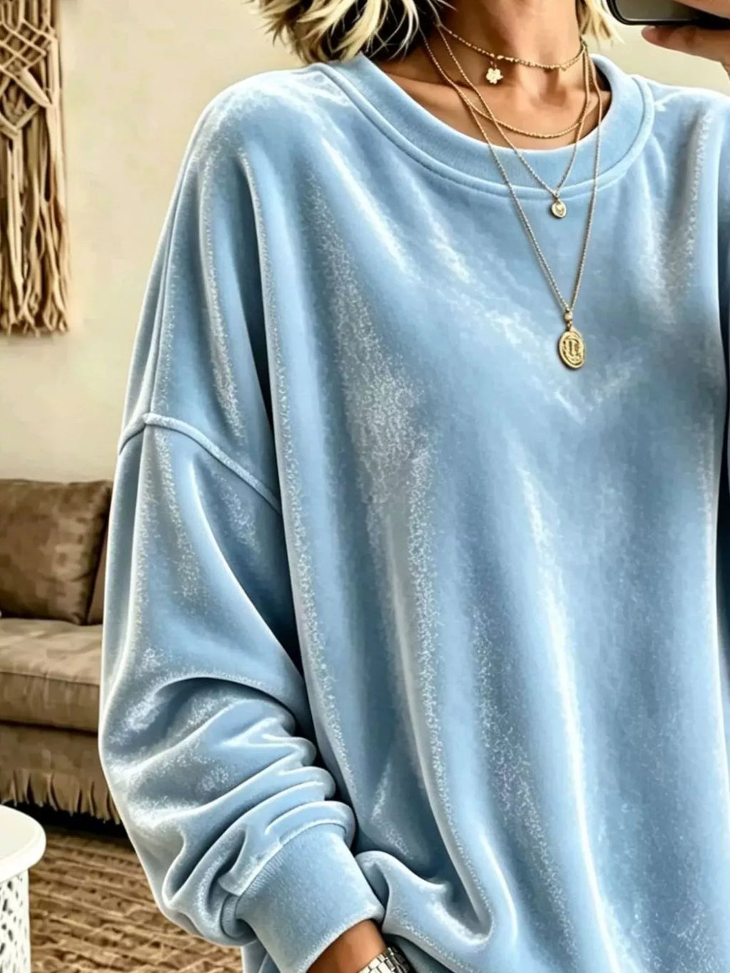 Full Size Loose Fit Velvet Dropped Shoulder Sweatshirt Plus Size
