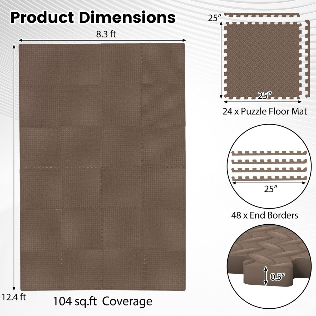 Puzzle Exercise Floor Mats 1/2 Inch Thick - 24 Tiles