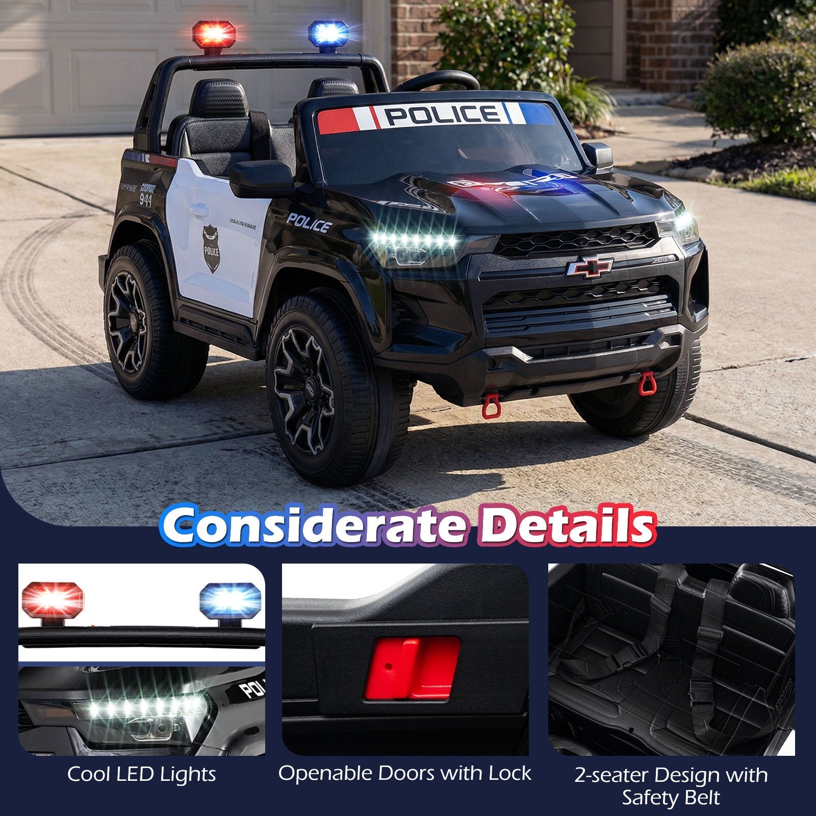 24V 2-Seater Ride on Police Car 4WD Chevrolet with Megaphone and LED Flashing Lights-Black