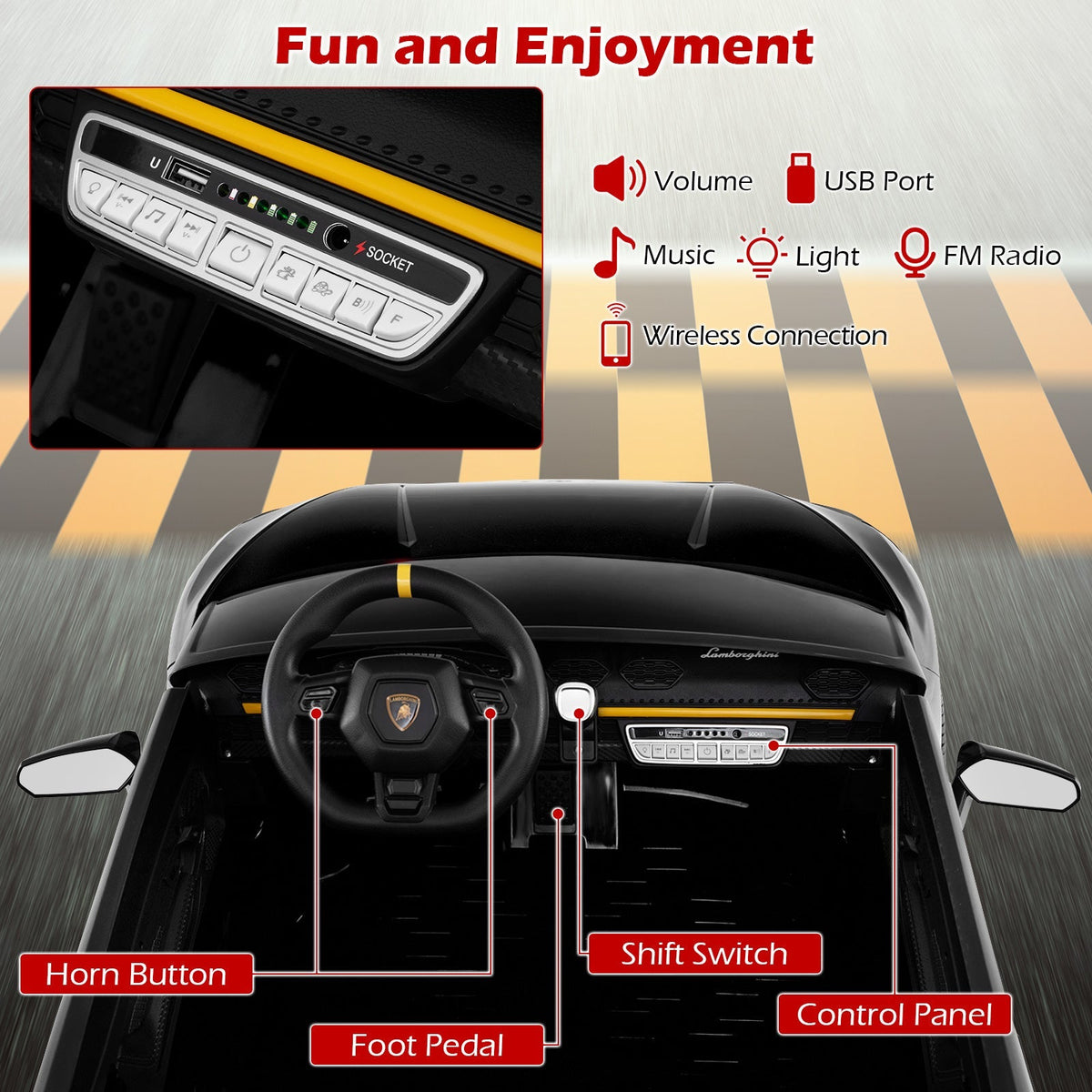 24V Ride-on Car for Kids 4WD 2-Seater Licensed Lamborghini Electric Vehicles with Music