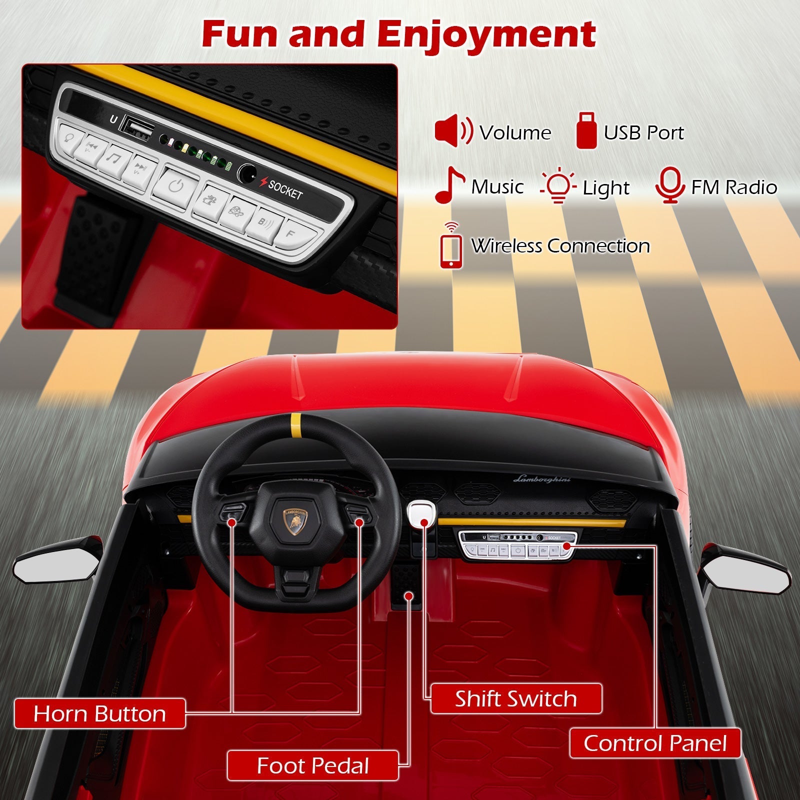 24V Ride-on Car for Kids 4WD 2-Seater Licensed Lamborghini Electric Vehicles with Music