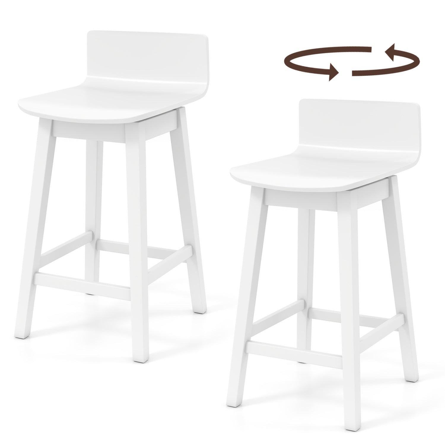 24.5 Inch Swivel Wooden Bar Stools Set of 2 with Rubber Wood Legs and Low Back