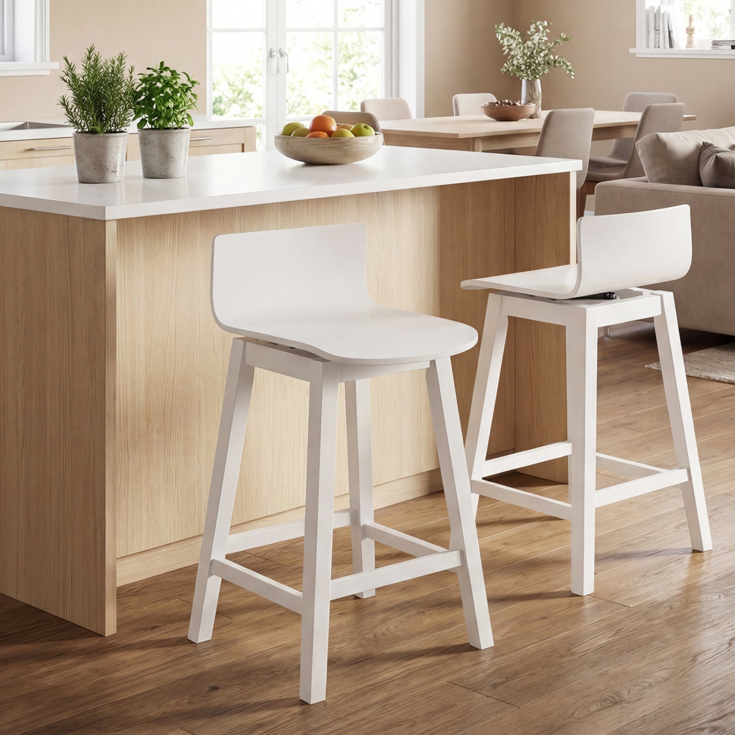 24.5 Inch Swivel Wooden Bar Stools Set of 2 with Rubber Wood Legs and Low Back