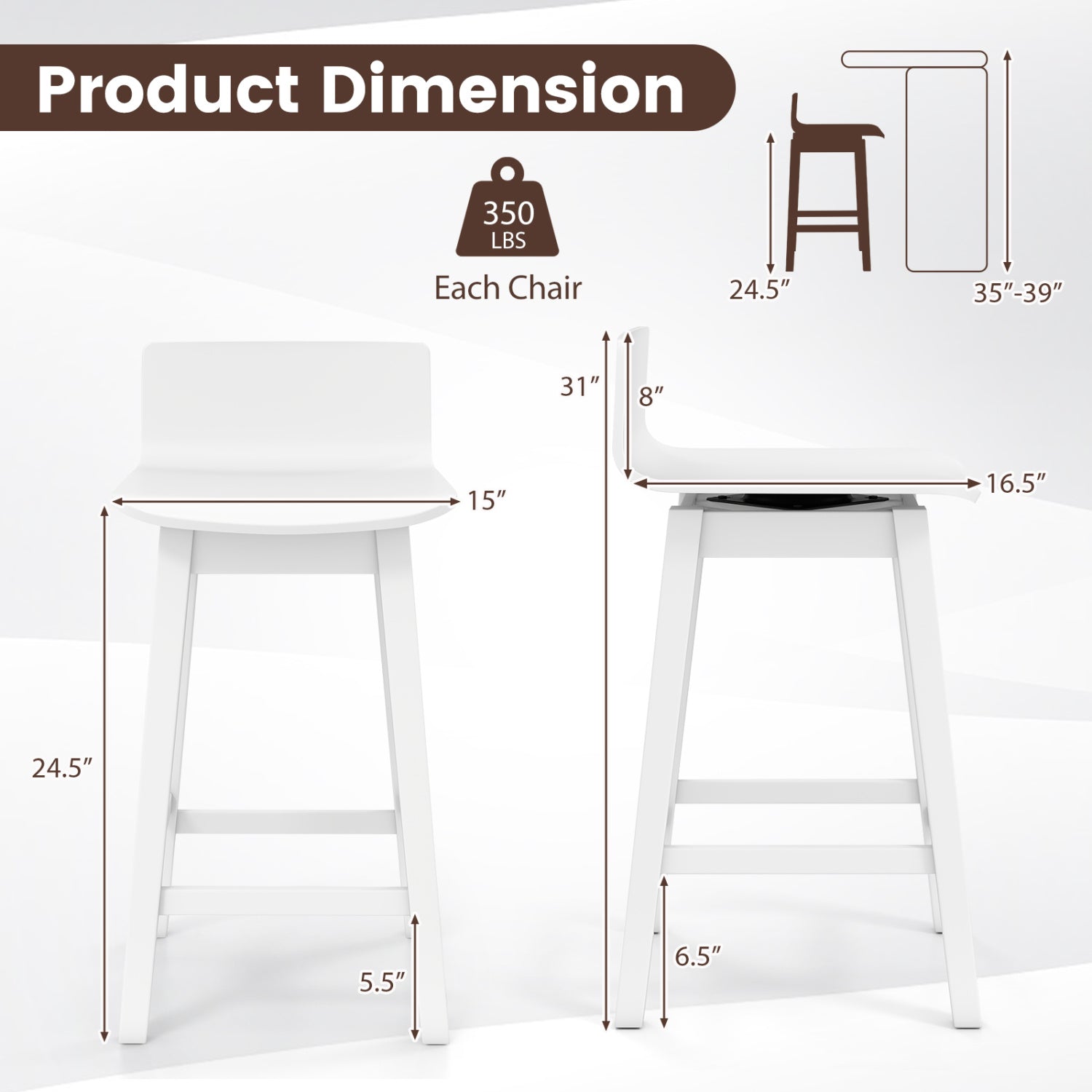 24.5 Inch Swivel Wooden Bar Stools Set of 2 with Rubber Wood Legs and Low Back