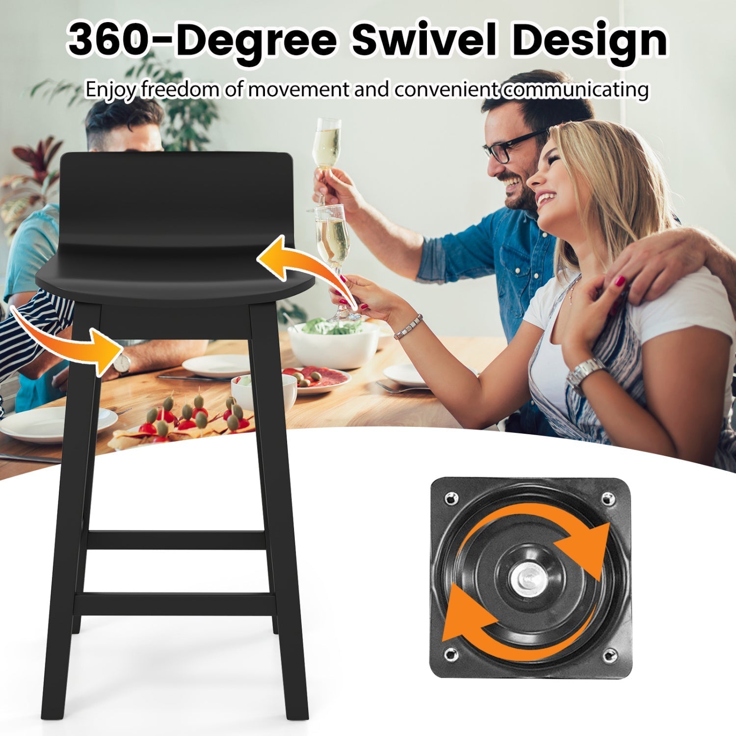 24.5 Inch Swivel Wooden Bar Stools Set of 2 with Rubber Wood Legs and Low Back