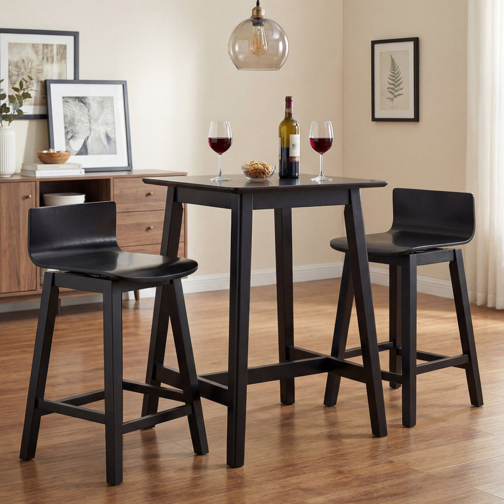 24.5 Inch Swivel Wooden Bar Stools Set of 2 with Rubber Wood Legs and Low Back