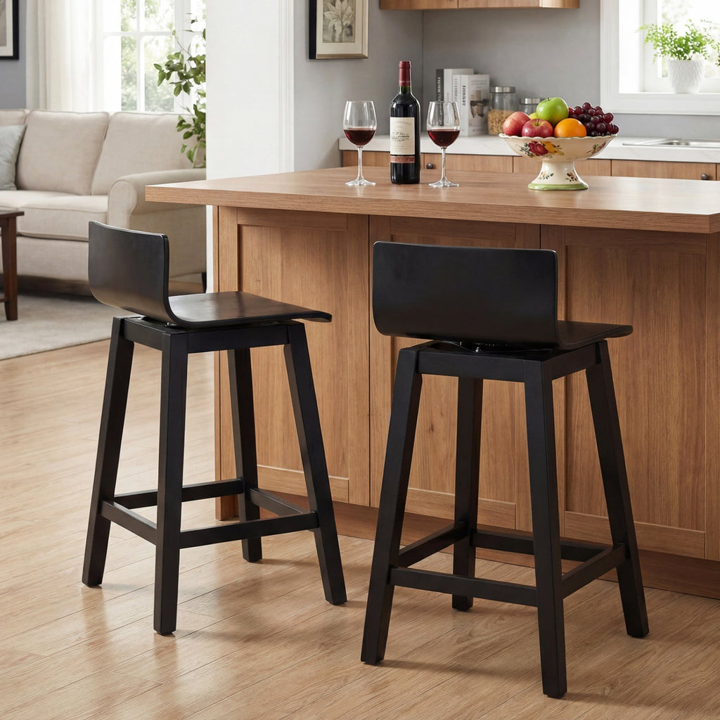 24.5 Inch Swivel Wooden Bar Stools Set of 2 with Rubber Wood Legs and Low Back