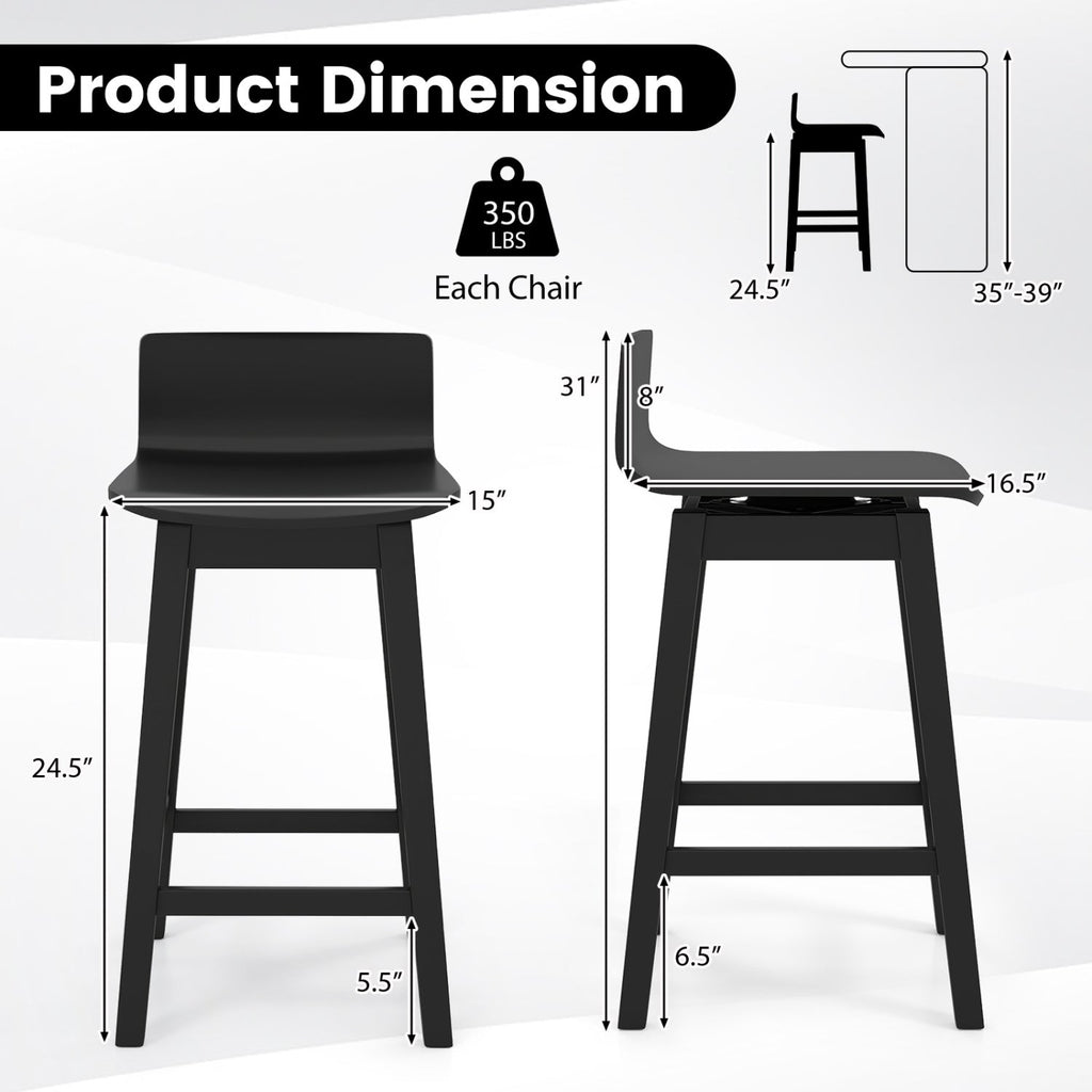 24.5 Inch Swivel Wooden Bar Stools Set of 2 with Rubber Wood Legs and Low Back