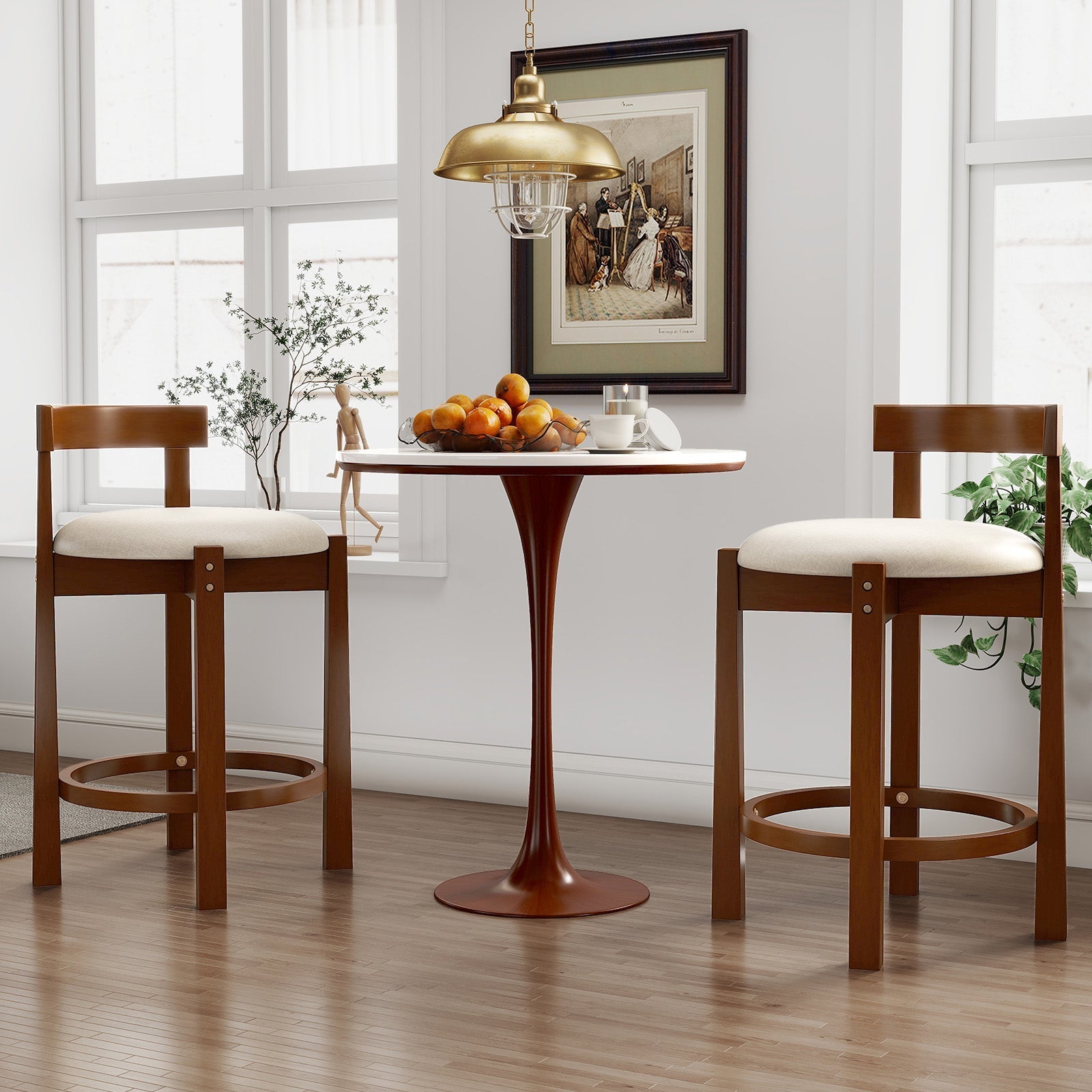 24 Inch Counter Height Bar Stools Set of 2 with Backrests and Footrests-Beige