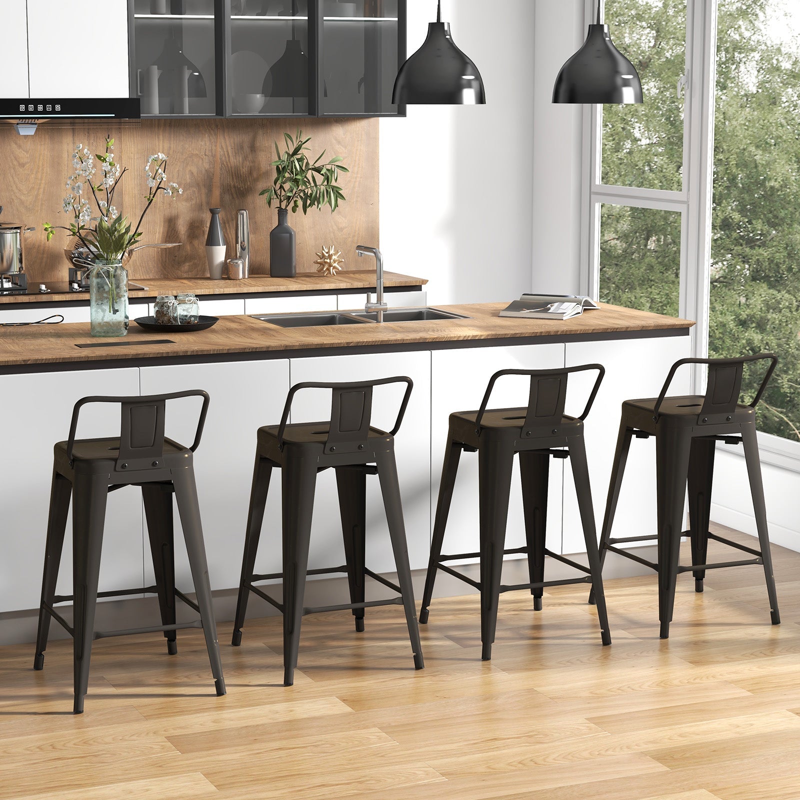 24 Inch Set of 4 Cafe Side Chairs with Rubber Feet and Removable Back