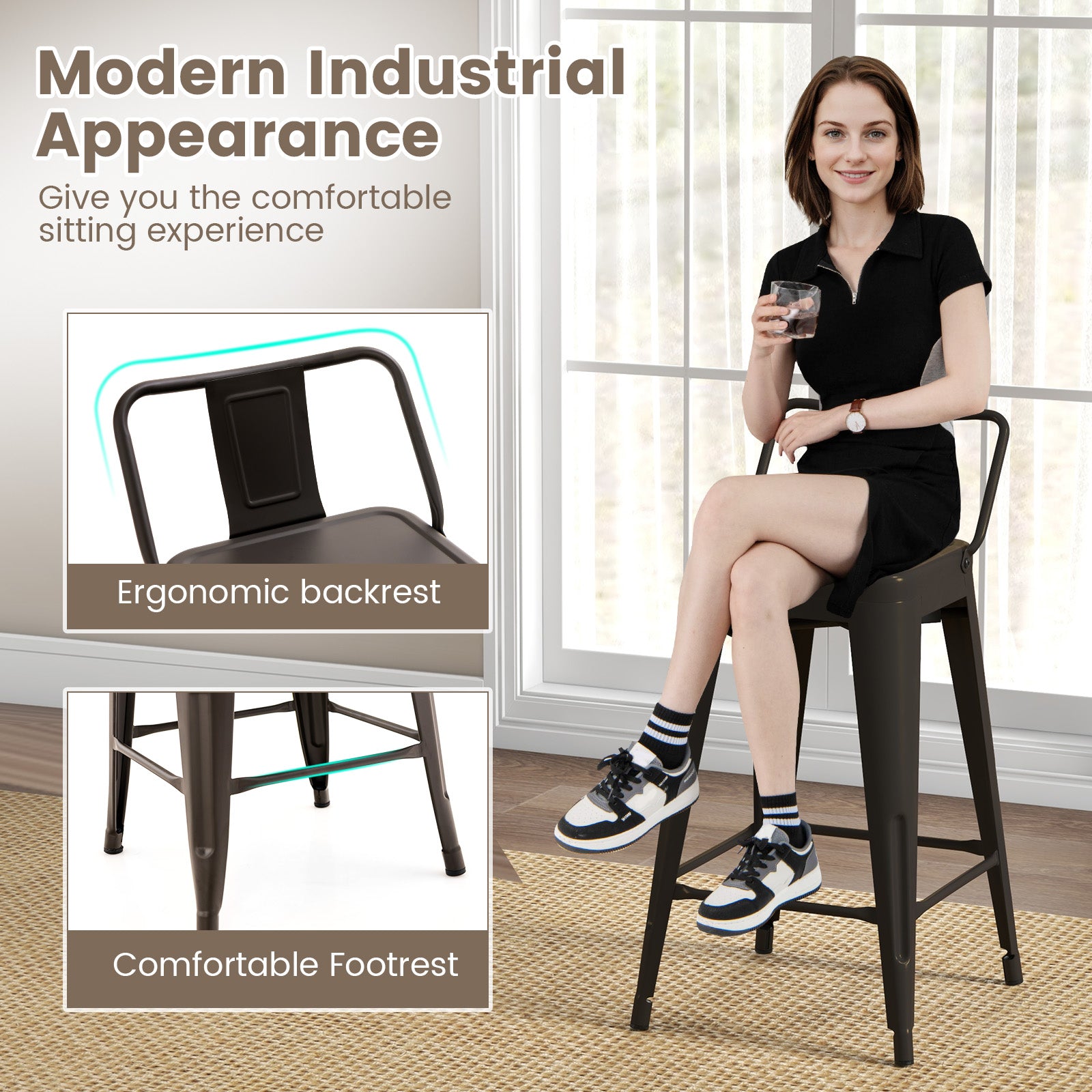 24 Inch Set of 4 Cafe Side Chairs with Rubber Feet and Removable Back