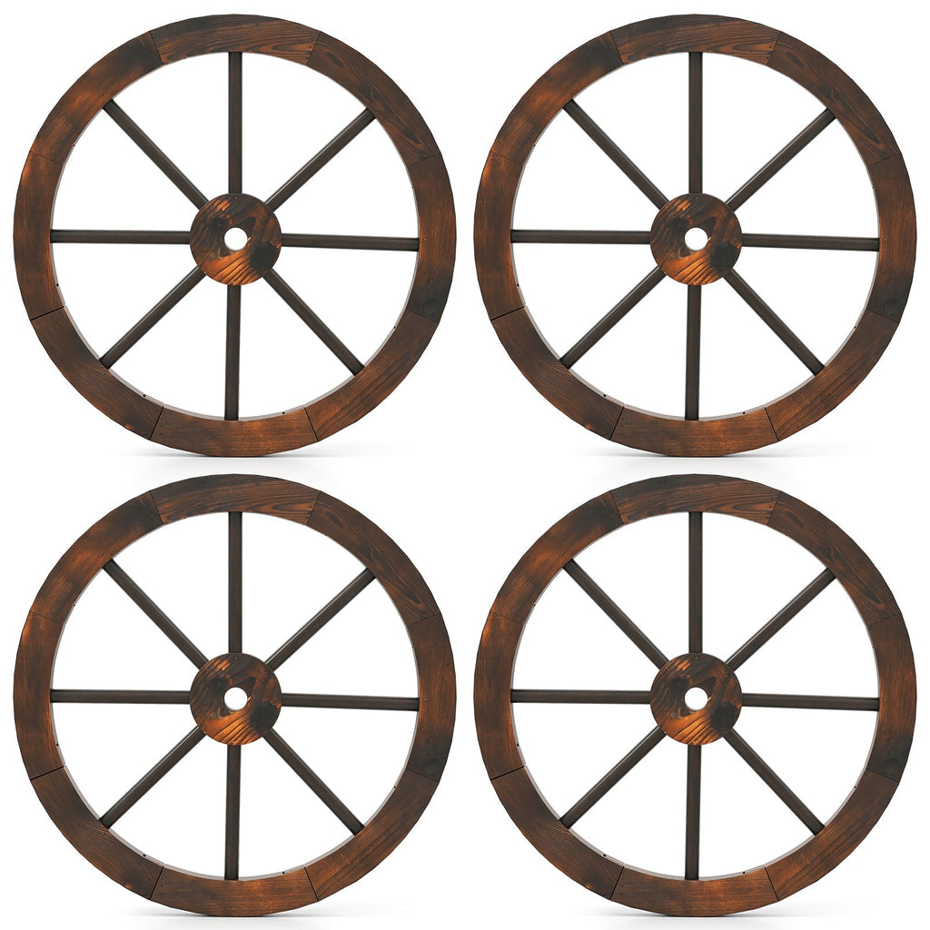 24 Inch Set of 4 Decorative Wooden Wagon Wheel Carbonized Solid Fir Wood
