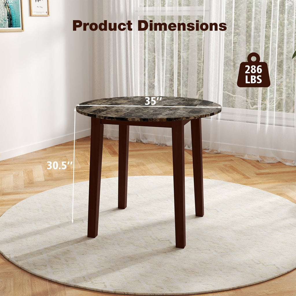 35 Inch Round Dining Table with Rubber Wood Legs and Marble-textured Veneer Tabletop