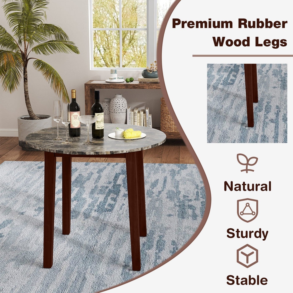 35 Inch Round Dining Table with Rubber Wood Legs and Marble-textured Veneer Tabletop