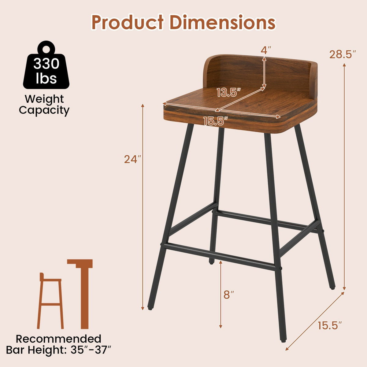24" Bar Stool with Low Back and Footrest - Walnut