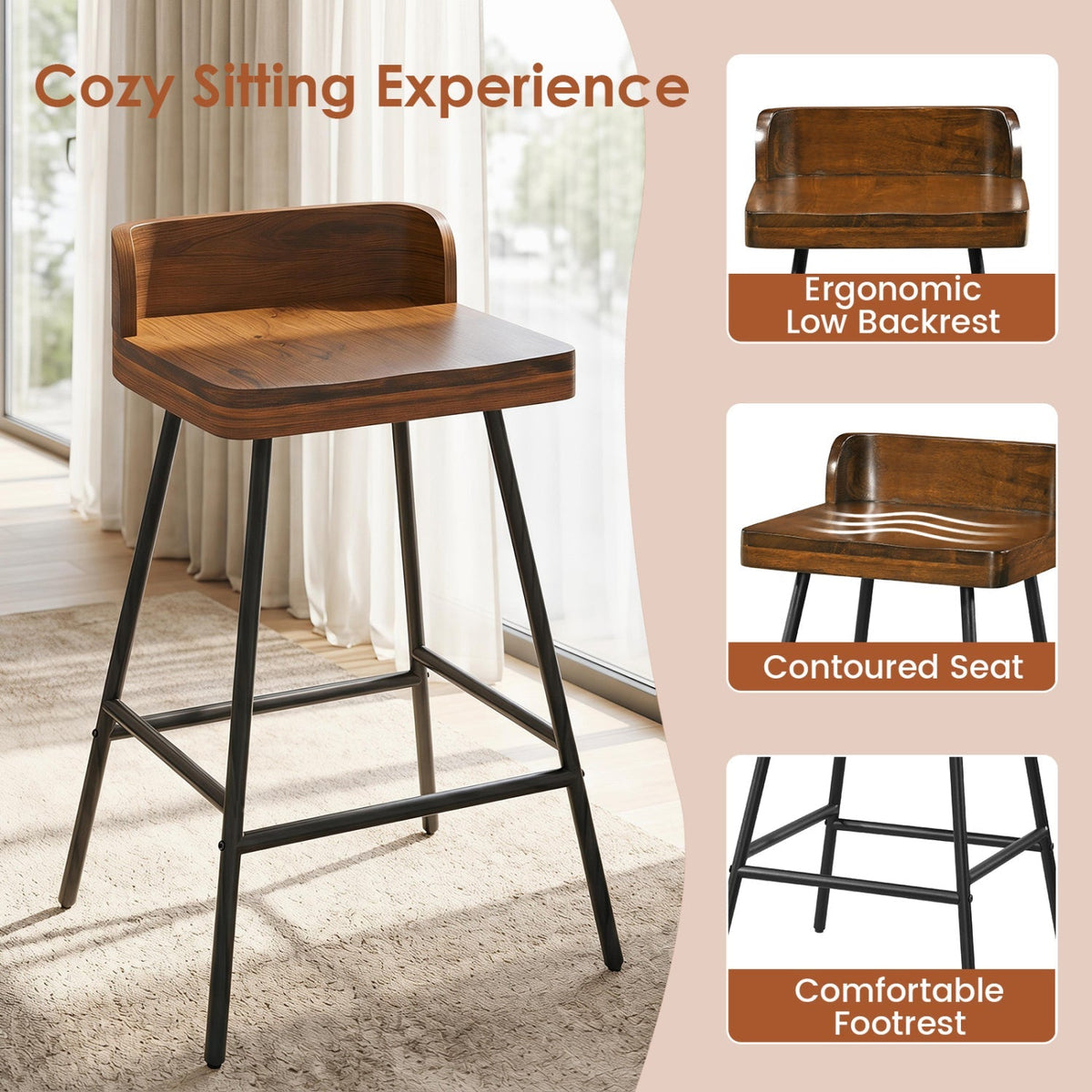 24" Bar Stool with Low Back and Footrest - Walnut