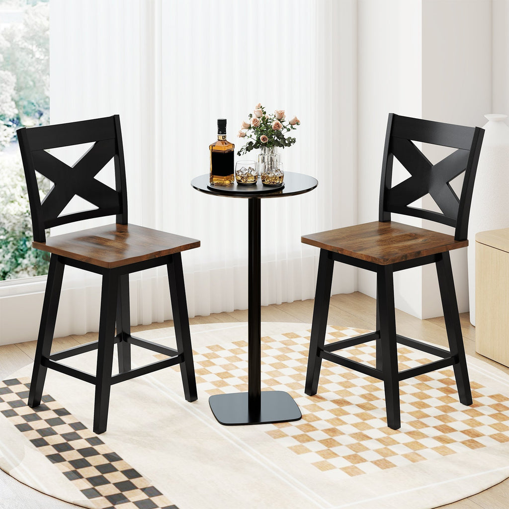 24" Rubberwood Swivel Barstools Set of 2 with Backrest and Large Seat