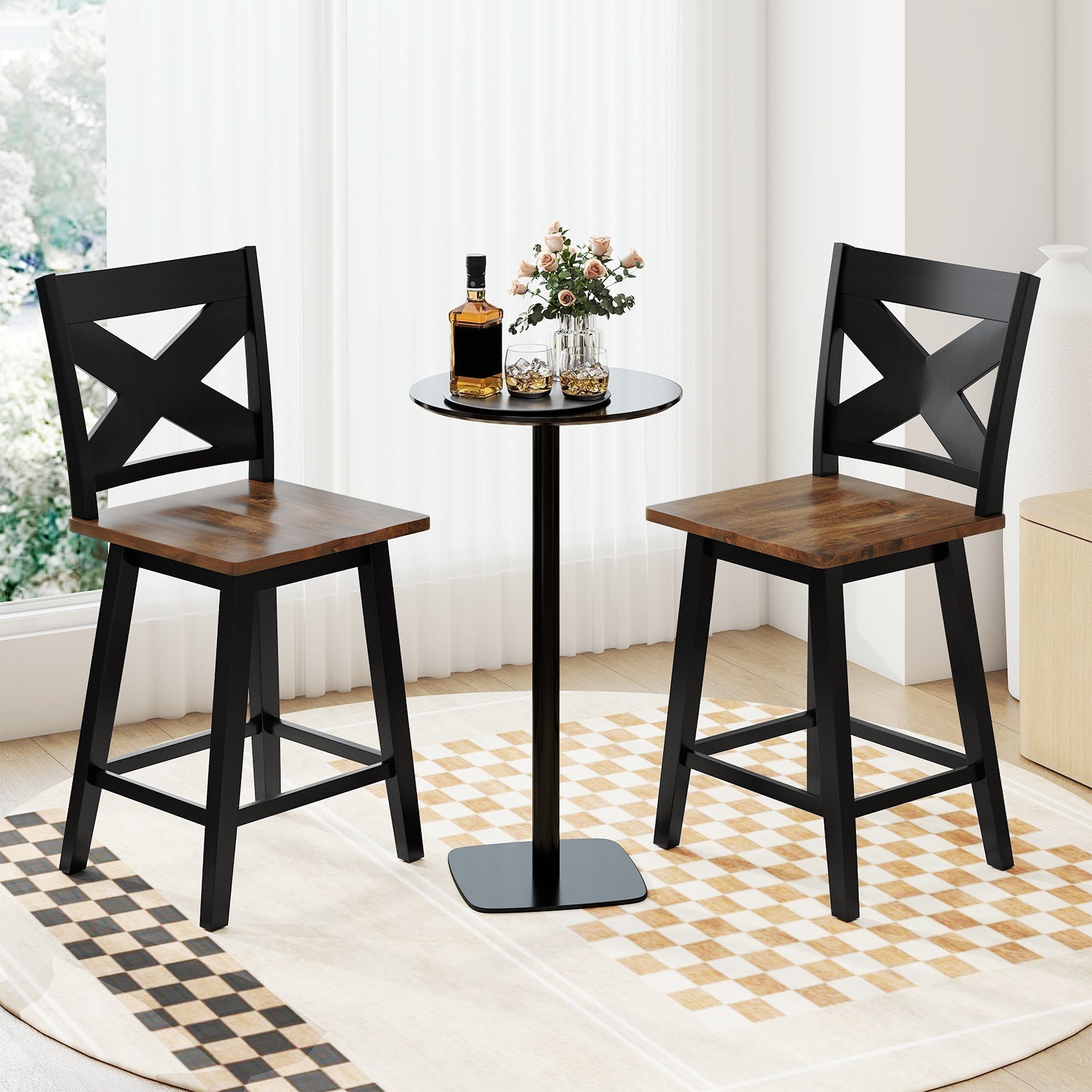 24" Rubberwood Swivel Barstools Set of 2 with Backrest and Large Seat
