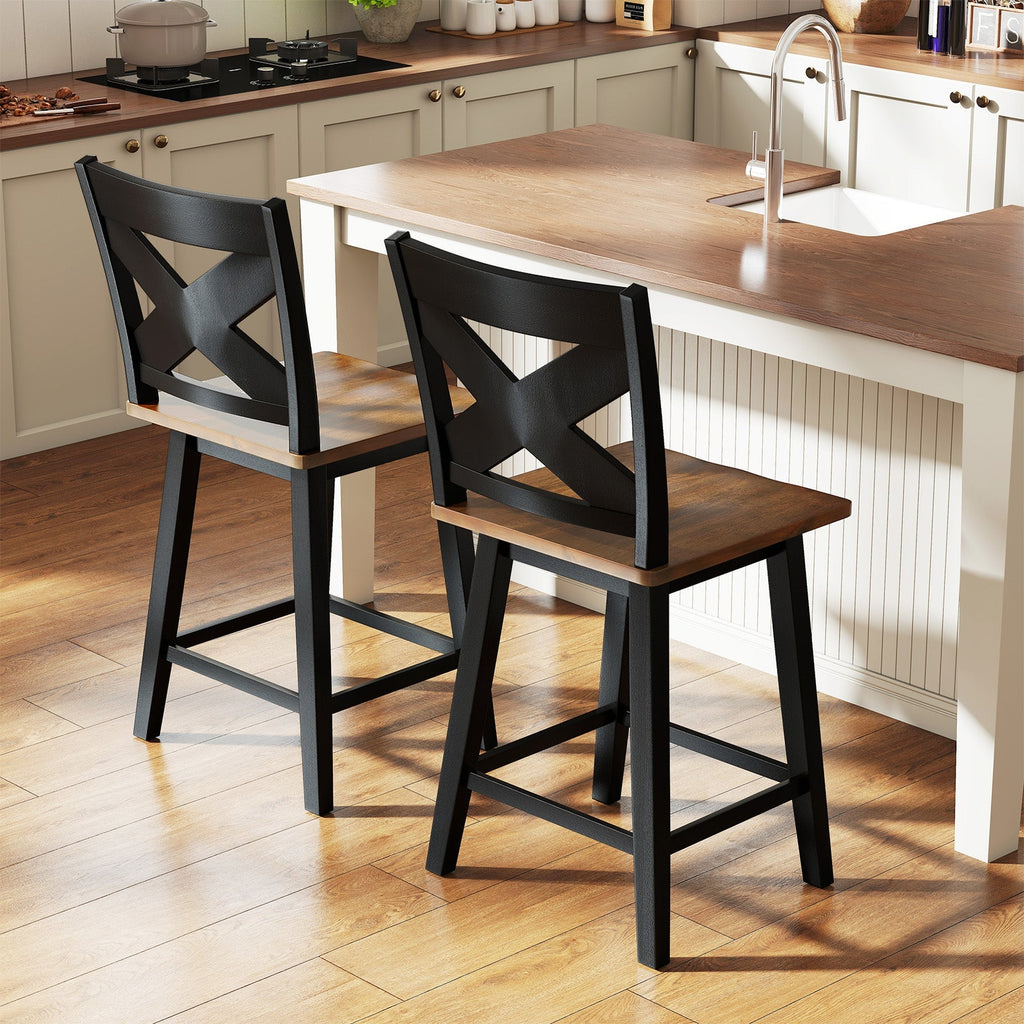 24" Rubberwood Swivel Barstools Set of 2 with Backrest and Large Seat