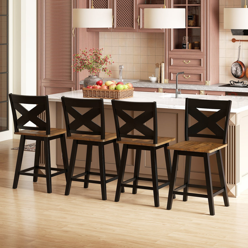 24" Rubberwood Swivel Barstools Set of 2 with Backrest and Large Seat