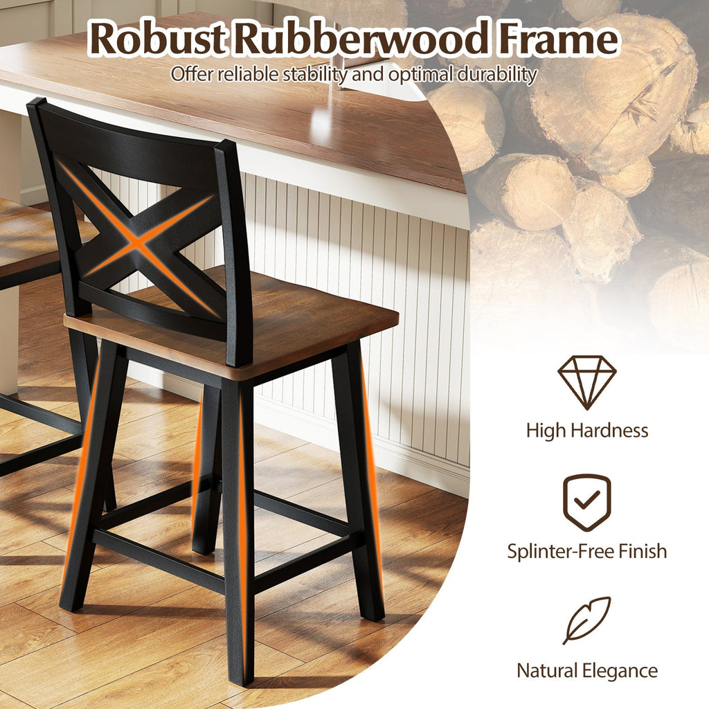 24" Rubberwood Swivel Barstools Set of 2 with Backrest and Large Seat