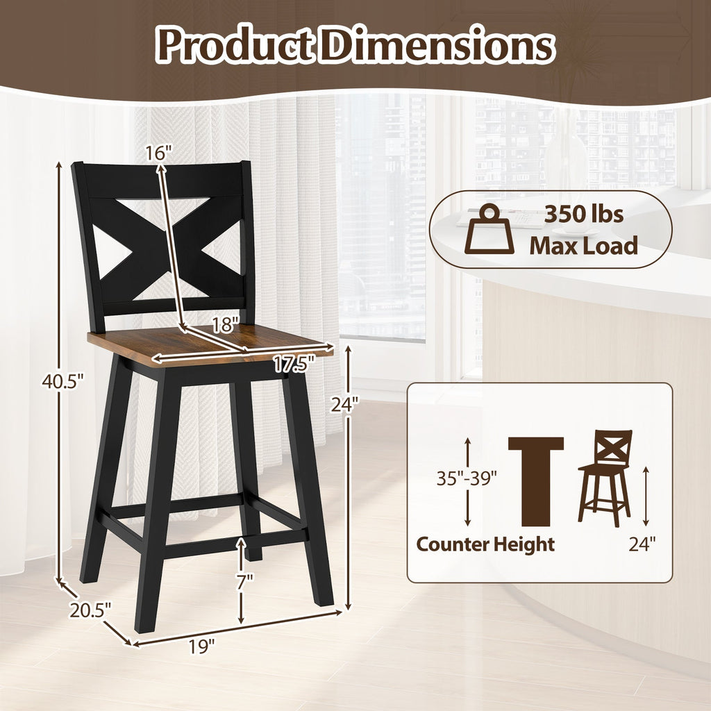 24" Rubberwood Swivel Barstools Set of 2 with Backrest and Large Seat